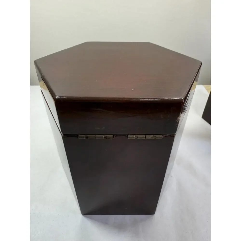 Vintage Chinese Hexagonal Lacquer Wood Boxes Set of 2, Brass Hardware, Green